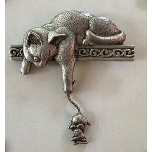 Vintage J Jonette Cat and Mouse Brooch Signed JJ Pewter Brooch Pin Feline